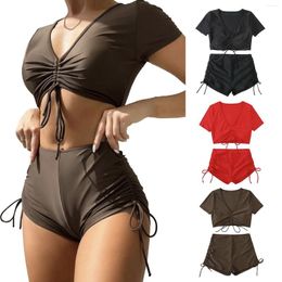 Maillots de bain pour femmes Draw String Deux pièces à lacets Bikini Set High Attended Coton Solide Maillot de bain confortable 2024 Maillot de bain Beach Wear