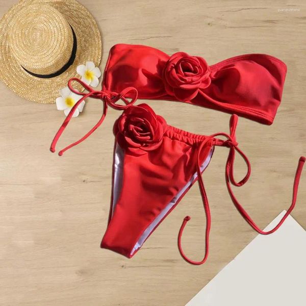 Strap de trajes de baño para mujeres con bikini decoración de flores decoración de flores sujetador de cordones para mujeres sólido color de secado rápido traje de playa