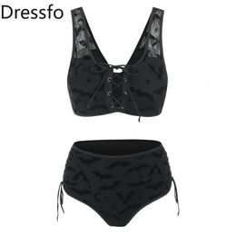 Traje de baño de mujer Dressfo Conjunto de bikini gótico Traje de baño Murciélago Media luna Estampado de estrellas Traje de baño Tankini Cinched Mesh Lace Up Cut Out 2023 Mujeres 230411