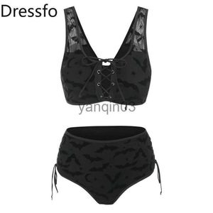 Traje de baño de mujer Dressfo Conjunto de bikini gótico Traje de baño Murciélago Media luna Estampado de estrellas Traje de baño Tankini Cinched Mesh Lace Up Cut Out Traje de baño 2023 Mujeres J230603