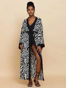 Dames Zwemkleding EDOLYNSA Casual Zabra Gestreept Lange Kimono Badpak Cover-ups Zomerkleding Dames Tuniek Strandkleding Zwemkleding Q1499