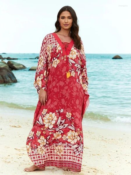 Traje de baño para mujer EDOLYNSA Colorido Bohemio Estampado con cuello en V Borla Cordón Kaftan Relajado Robe Moo Vestido Ropa de playa Traje de baño Encubrimiento Q1604