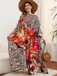 Traje de baño para mujer Edolynsa Multicolor Boho Impreso Largo Kaftan Casual Vestido de satén suelto Ropa de verano Mujeres Ropa de playa Traje de baño Cubrir