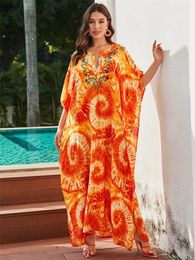 Traje de baño para mujer Edolynsa Naranja con cuello en V Kaftan Impreso Bohemio Vestido largo Escote Bordado Playa Caftan Adorable Outfit Q1621