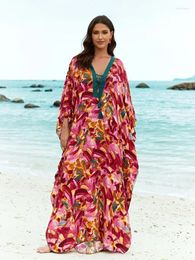 Dames Zwemkleding EDOLYNSA Streep Boheemse Print Fringe Dames Oversized Kaftan Huisjurk Strand Caftan Robe Wrap Outfit Swim Cover-up Q1600