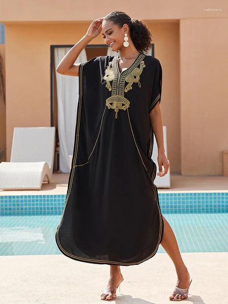 Traje de baño para mujer Elegante vestido de Kaftan negro Playa Cover Up Gold Bordado Robe suelto Ropa de playa 2024 Boho Túnica para Caftan Pareos