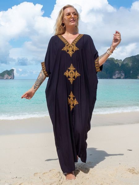 Maillots de bain pour femmes élégant or brodé long caftan rétro col en v noir Maxi robe femmes vêtements d'été vêtements de plage maillot de bain couvrir Q1373 230417