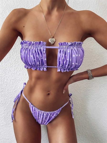 Swimwear féminin Elegant Purple Swimswear Femmes Off épaule plikini bikini creux out lacet up up Bathing Fssue string Baadores 2022 Y240429