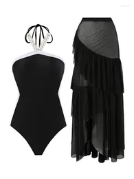 Swimwear féminin Elegant Color Couleur Femmes Swimsuit de plage One Piece Black Breded Coup Tie à volants avec la perspective de maille Jupe