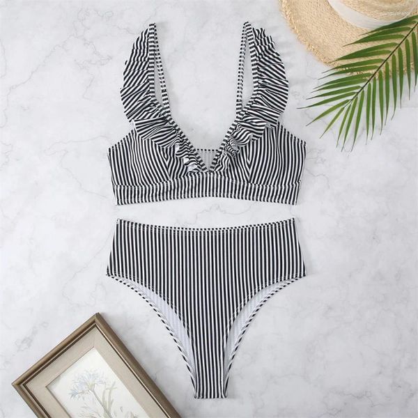 Swimwear féminin Elegant Striped Bikini Ruffles MAINTRAIN