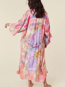 Traje de baño de mujer elegante Vintage Hippie con cordones bata de gran tamaño estampado Floral manga murciélago playa bohemio Kimono verano señoras Bikini cuello en V