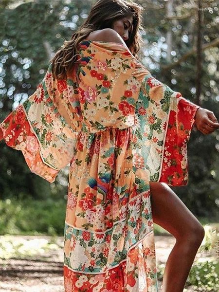 Traje de baño de mujer Elegante Vintage Estampado floral Playa Cubrir Verano Bikini Prendas de abrigo Manga acampanada Oversize Bohemio Cárdigans largos