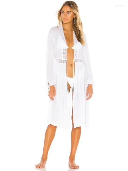 Maillots de bain pour femmes Élégant Blanc En Mousseline De Soie Dentelle À Manches Longues Cardigan Cardigan Maillot De Bain Cover Ups Plage Sarong Robe De Plage Tunique # Q947