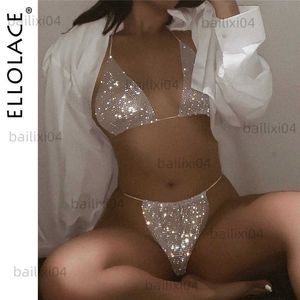 Maillots de bain pour femmes Ellolace Bling Strass Résille Bikini Femmes Halter Soutien-Gorge Sexy Panty 2 Pièces Tenues Lady Lingerie Ensemble Sexy Maillots De Bain Femmes T230417