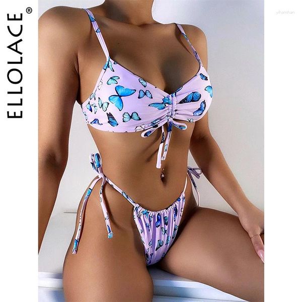 Swimwear féminin Ellolace Butterfly Swimsuit Rucched Micro Bikini Sexy Beach Brazilian Feminino Tankini