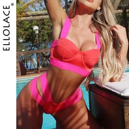 Dames badkleding ellolace neon dames patchwork bikini 2024 zwempak padded push -up set badpakken apart