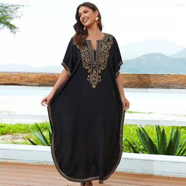 Traje de baño para mujer Bordar Maxi Vestido Batwing Manga Túnica 2024 Primavera Otoño Playa Casual Tallas grandes Mujeres Ropa de playa Kaftan Encubrimientos