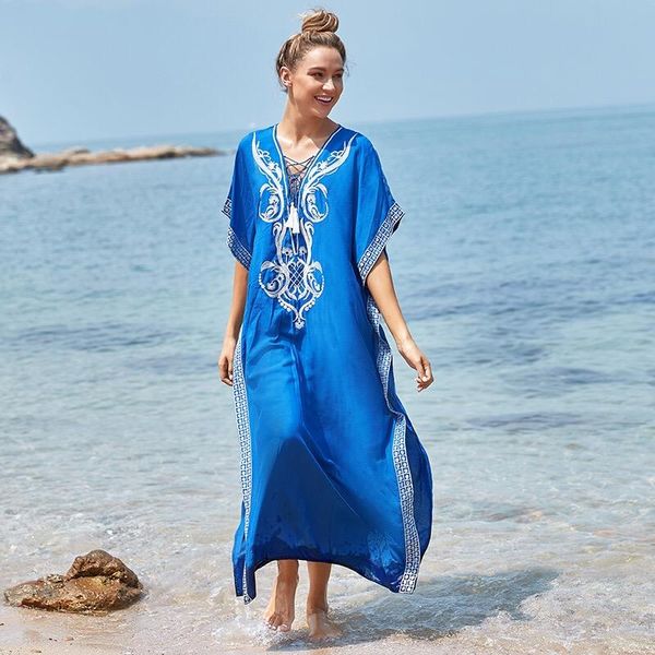 Traje de baño para mujer Bordado Traje de baño de algodón Cubierta Ups Túnicas para la playa Robe de Praia Swim Up Mujeres BeachweaWomen