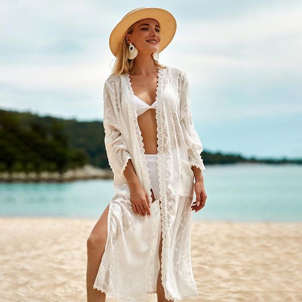 Traje de baño para mujer Bordado Blanco Playa Cover Ups Femme Sexy Cardigans Bikini Traje de baño Holiday Shawl Protector solar Camisa Vestido Ropa de Playa Muj