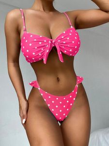 Dames badkleding est modieuze 2pcs dames zomer bikini polka dot bowknot gewatteerde tops gegolfde briefs zwempak voor meisjes rood/roze