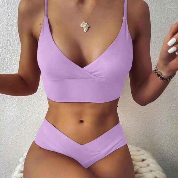 Traje de baño para mujer Bikini europeo y americano Sexy Color sólido Conjunto con cuello en V Cruz de secado rápido Traje de baño elástico alto para mujeres