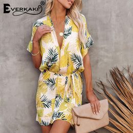 Traje de baño de mujer Everkaki Boho Leaves Print Kimonos con cinturón Abrigo de mujer Summer Beach Vacation Yellow Y2K Plus Size Outerwear Kimono Robes 2