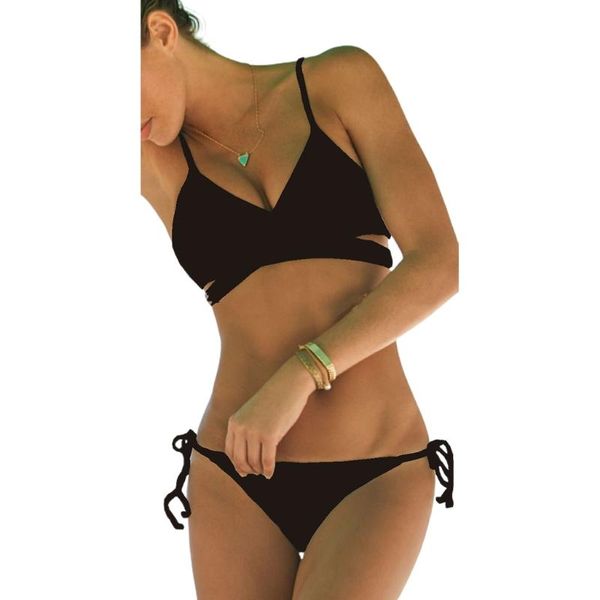 Traje de baño para mujer F62E Bikini Set Color sólido Poliéster Multi-Tamaño Split 2 piezas con almohadilla para el pecho sin soporte de acero para mujer