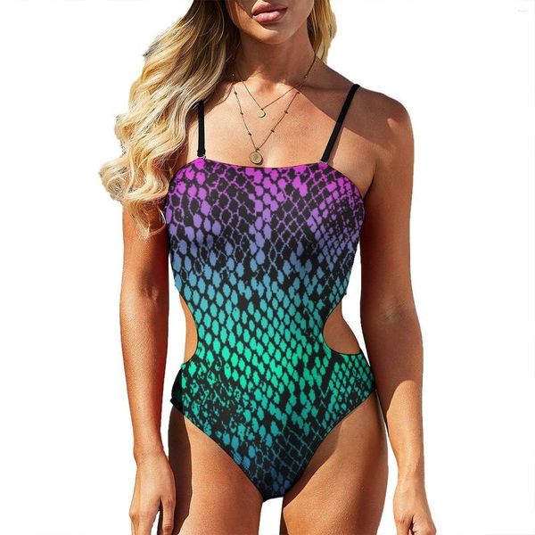 Traje de baño para mujer Traje de baño de piel de serpiente desteñido Traje de baño sexy con estampado de piel colorida Trajes de baño push up de una pieza Diseño retro Trajes de playa Regalo de cumpleaños