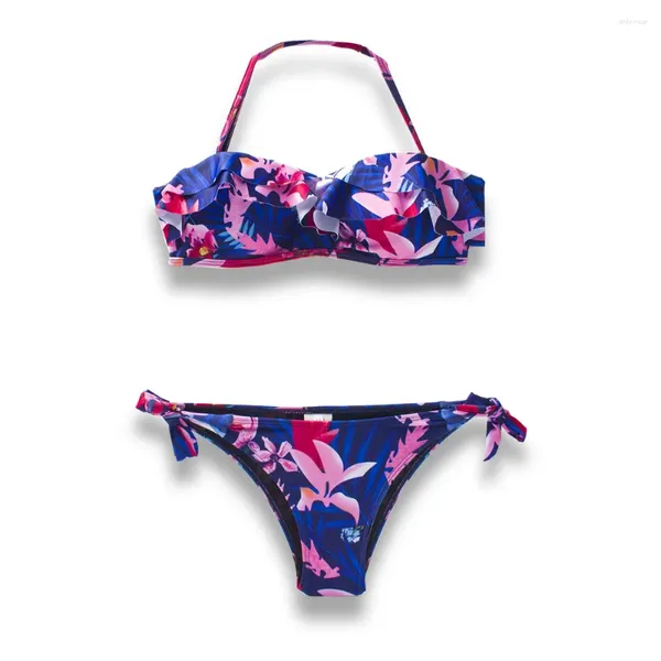 Swimswear pour femmes Falbala Brésilien Push Up Bikinis Femme Floral licou Imprimé Swimsuit pour filles Lady Thong Bikini Bandage Biquinis