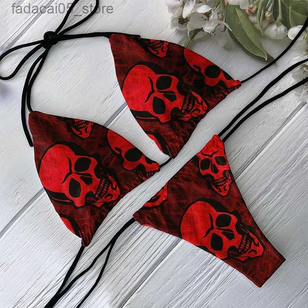 Traje de baño para mujer Conjunto de bikini de moda Mujeres sin respaldo Cintura baja Patrón de cráneo sexy Traje de baño impreso Playa Surf Vacaciones Halloween Cosplay Q240227