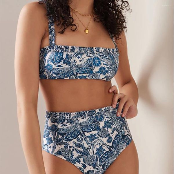 Bikini de maillots de bain pour femmes Bleu Blue Bikini Ensemble de maillot de bain à deux pièces à imprimé floral sexy push up se séparez Bandeau haute taille féminine de plage