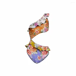 Fashion de maillot de bain pour femmes Colorblock à imprimé floral Ruffle en un seul morceau de maillot de bain