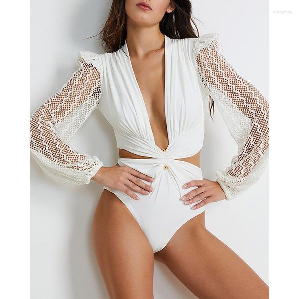 Traje de baño de mujer Moda Encaje Mujer Traje de baño de una pieza Blanco Negro Escote en V Bikinis Una pieza Mujer