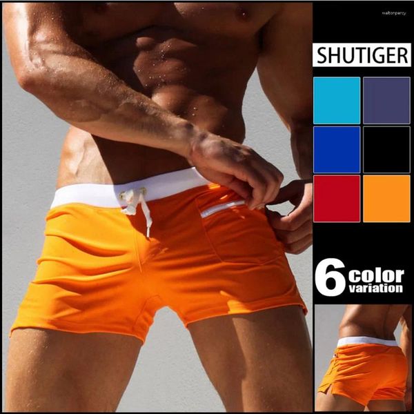 Traje de baño para mujer, moda para hombre, bañadores sexys con gradiente para culturismo, pantalones cortos de natación para playa, Boxer