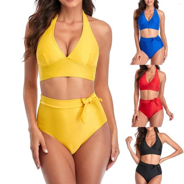 Traje de baño para mujer Moda Sexy Color sólido Bikini Sin espalda con cordones Traje de baño dividido Trajes de baño para mujer de dos piezas con soporte