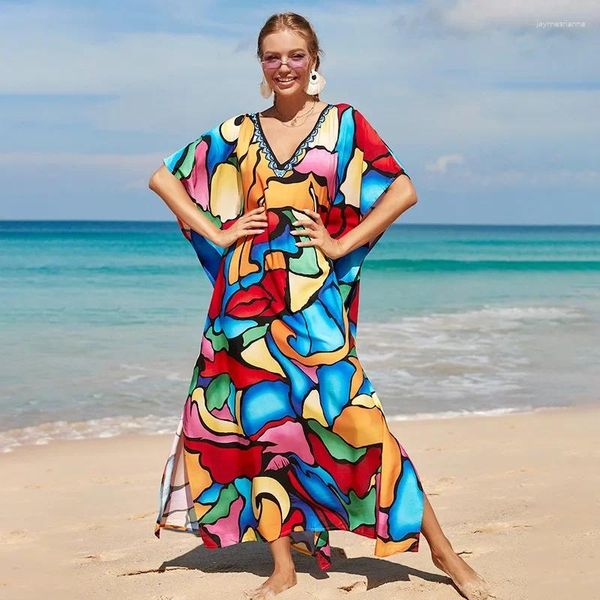 Traje de baño para Mujer, traje de baño a la moda, caftán bohemio, Maxi vestido bohemio de algodón, Vestidos de Verano para Mujer, Kimono de Verano