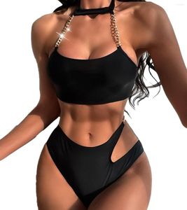 Traje de baño de mujer Moda de mujer Traje de baño de dos piezas sexy Color sólido Dividir Ropa de playa Halter Bikini sin espalda Estilo de playa de verano