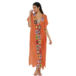 Maillots de bain pour femmes Mode Femmes Imprimer Robe à manches courtes Plage Boho Cover Up Summer Crochet Patchwork Robe avec fente Sexy Jupe longue