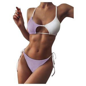 Traje de baño de mujer Moda Mujer Rayas Push Up Corte alto Cintura alta Halter Bikini Set Vendaje Encaje Traje de baño de dos piezas