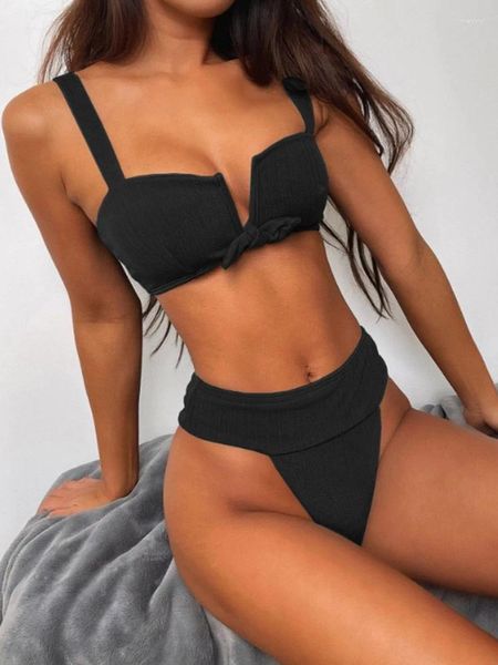 Swimwear féminin Faskob Bikini en bikini en V Small-Col à col en V Black Super sexy Summer Summer Femme Swimsuit Beach Bathing