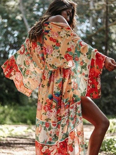 Traje De baño Floral para Mujer, Kimono De chifón, manga De murciélago, Maxi vestidos envolventes, traje De baño De verano, capa, Pareos De Playa para Mujer