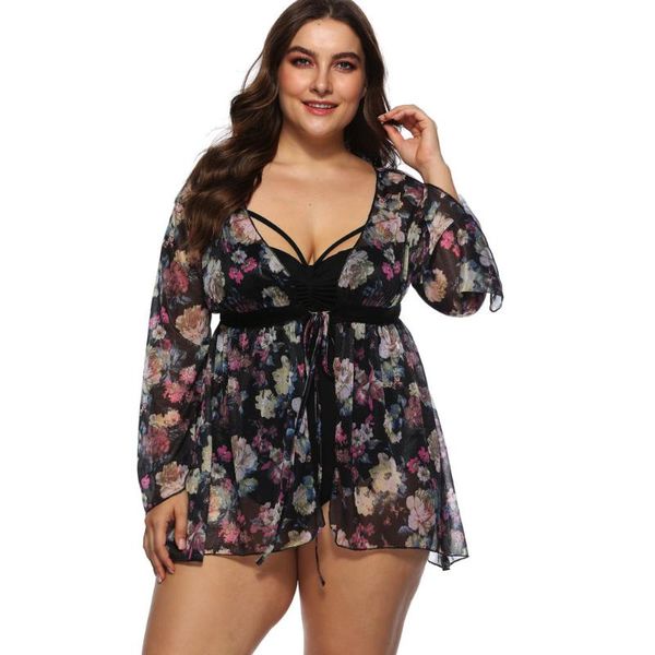 Maillots de bain pour femmes en mousseline de soie florale couvertures maille robe de plage manches longues jusqu'à femmes maillot de bain Bikini grande taille vêtements de plage 2023 femmes