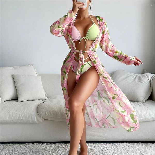 Traje de baño para mujer Estampado floral Bikini String Sweet Women Traje de baño Bowknot Cover-up 3 piezas Playa Traje de baño Triángulo Bikinis Conjuntos Mujer