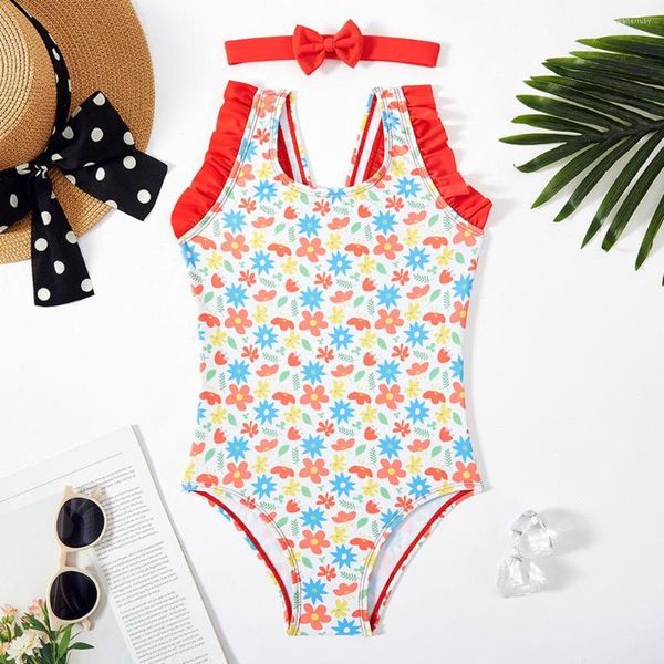 Maillot de bain femme imprimé fleuri filles maillot de bain une pièce enfants garniture à volants enfants 5-14 ans natation maillot de bain Monokini vêtements de plage