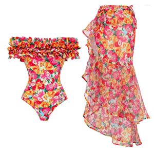 Dames badkleding bloemenprint één stuk zwempak met rok voor vrouwen 2024 strapless vrouwelijke Monokini Swim Beach Bathing Suit