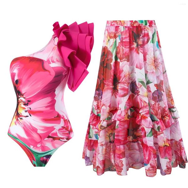 Swimwear Women's Floral Print One Piece Swimsuit and Jirt for Women Femme Monokini épaule 3d Flower Beach Bathing Full