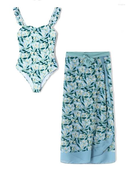 Traje de baño para mujer Traje de baño con estampado floral y falda cruzada maxi - Conjunto de bikini sexy de 2 piezas para mujer Ropa de playa con control de barriga
