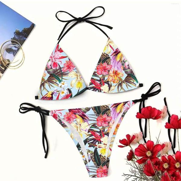 Maillots de bain pour femmes Impression florale Femmes Bikini Ensembles À Lacets Halter Col En V Soutien-Gorge Sexy Maillot De Bain Maillot De Bain Taille Basse Tongs Coupe Haute