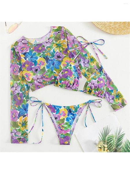 Halter de flores de trajes de baño para mujeres Bikini Bikini Mujeres Muido de baño Femenino Tres piezas