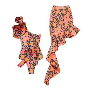 Traje de baño para mujer Estampado de flores Traje de baño con hombros de hoja de loto Correa de lujo Falda de playa irregular Bikini de cintura alta dividido sexy Push-Ups 2024